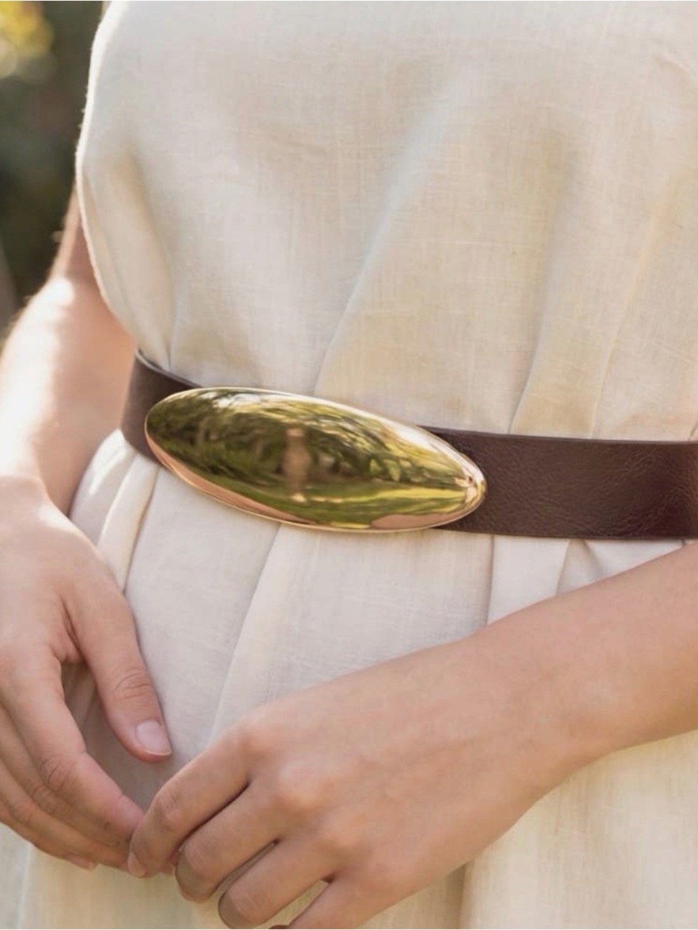 Brown Vegan Leather Oval Buckle Belt